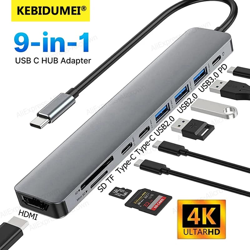 KEBIDUMEI Hub USB C 9 in 1 Docking Station con adattatore HDMI 4K USB 3.0 Lettore di schede SD TF Splitter USB per PC Laptop MacBook pro