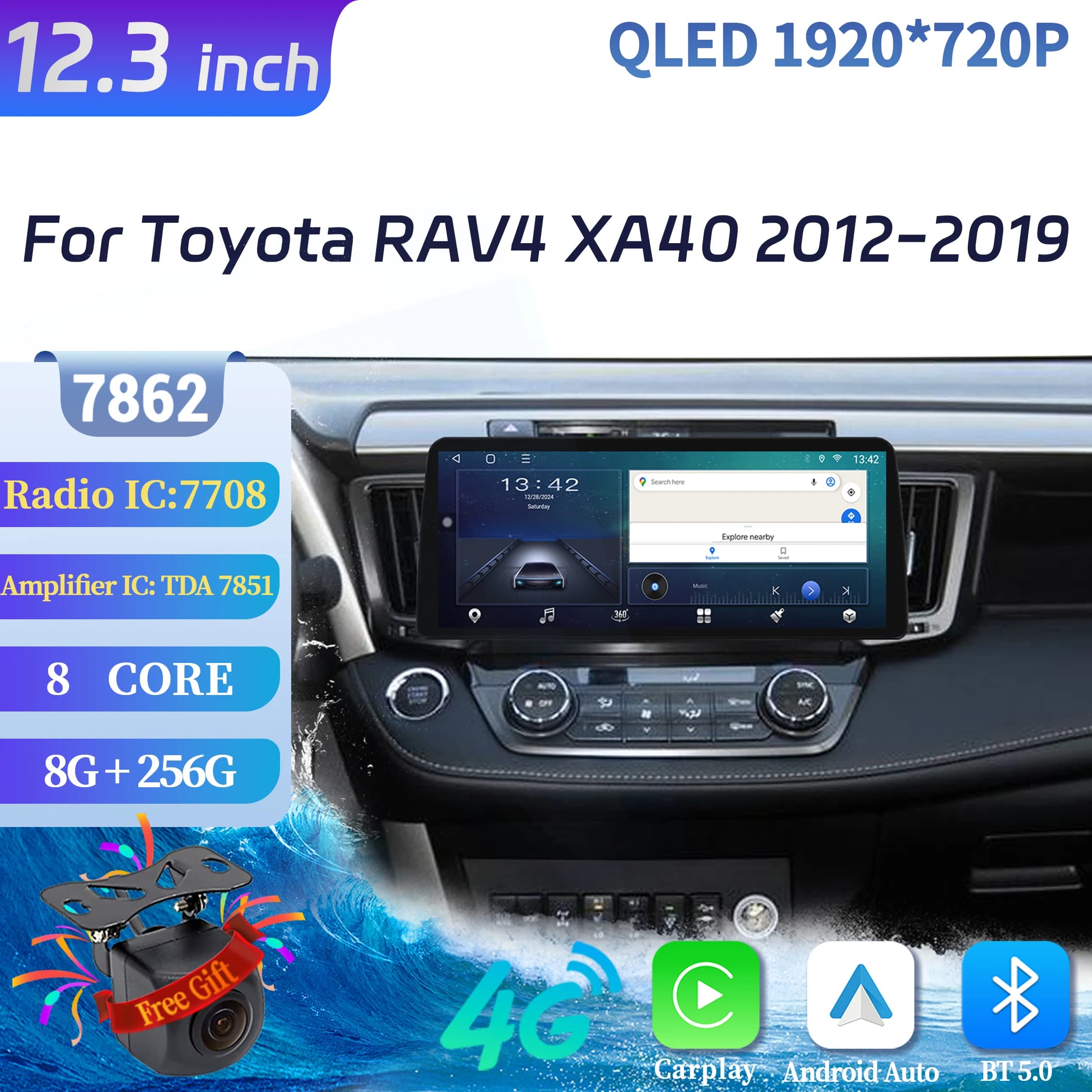 12.3 inch Car Radio Multimedia For Toyota RAV4 XA40 2012-2017 2018 2019 Android 14 Wireless Bluetooth Carplay Head Unit Screen