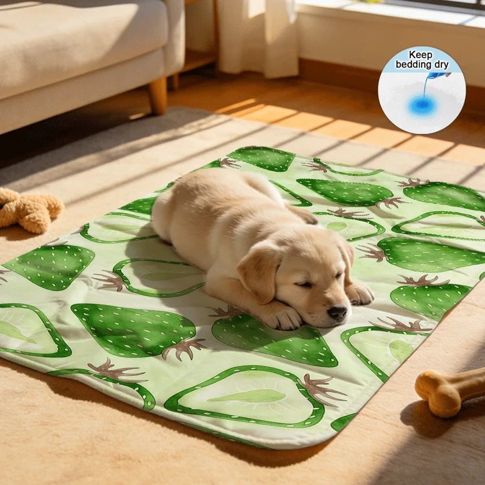 Green Watercolor Strawberry Reusable Absorbent Pet Mats for Dog Crates and Kennels