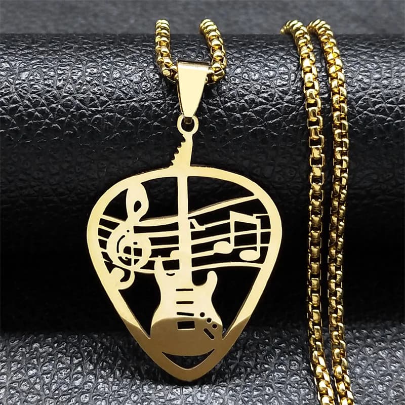 Collana con ciondolo plettro per chitarra musicale per donna/uomo in acciaio inossidabile Color oro Punk Bass Note collana con catena collare per gioielli da festa