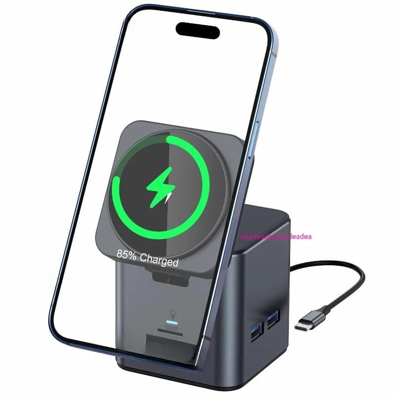 BW-TH17 9 in 1 Type-C Docking Station Magnetic 15W Wireless Charger Stand USB-C HUB with USB3.0*3 HD 4K@30Hz Gigabit