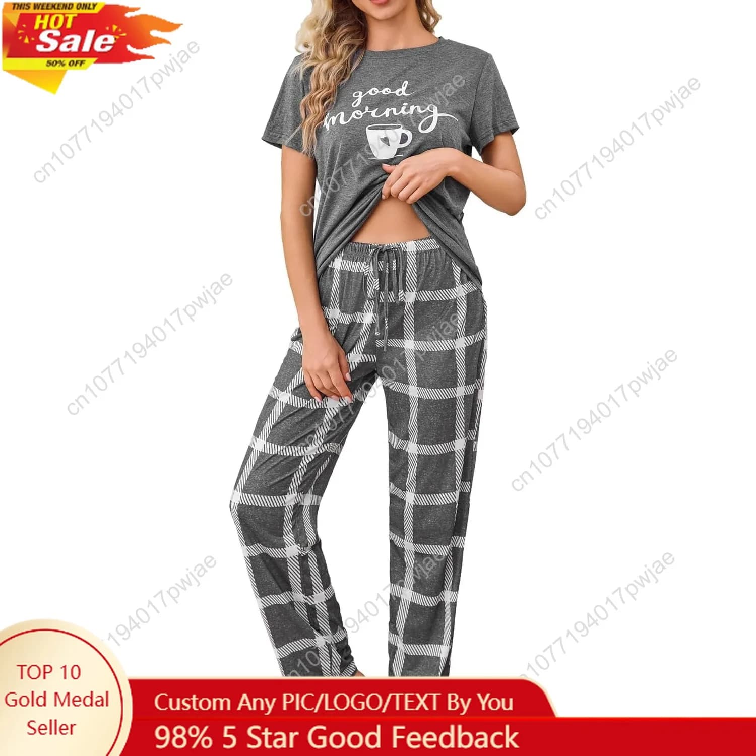 difficort Set short sleeve pajamas with long trousers Set night pajamas with pocket