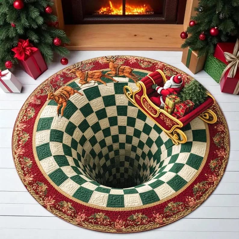 3D Vortex Santa Claus Riding on A Small Train Circular Carpet Visual Illusion Christmas Theme Carpet Bedroom Non Slip Floor Mat