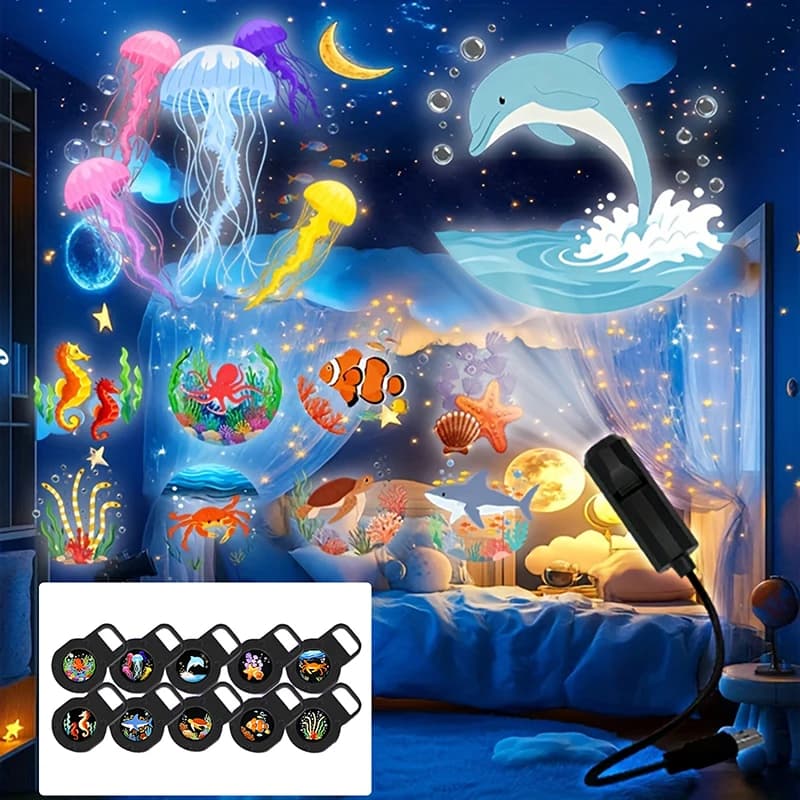 Lampada a proiezione oceanica a LED alimentata tramite USB – 10 motivi subacquei rotanti per la cameretta dei bambini, luce notturna e atmosfera rilassante