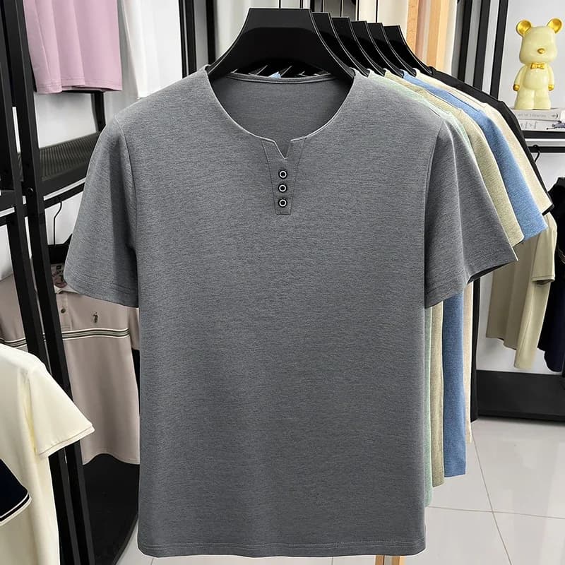 T-shirt da uomo a maniche corte con collo Henley, casual, tinta unita, basic, estiva, traspirante, slim fit, per tutti i giorni, streetwear