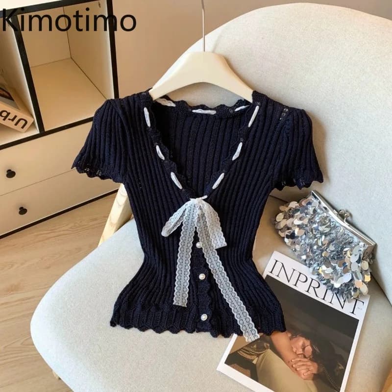 Cardigan Kimotimo in maglia con scollo a V e laccetti in pizzo, da donna, nuovo modello 2026, dolce, tinta unita, con bottoni in vita, crop top a maniche corte, maglione Y2K