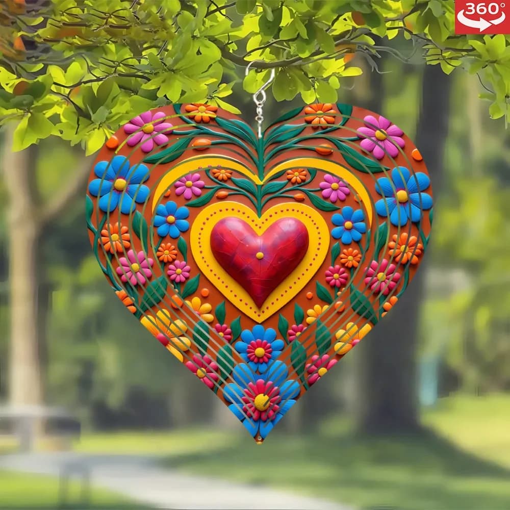 1Pc, 3D metal wind spinner, hanging heart-shaped wind chimes, colorful flowers, love-filled art decoration design,unique balcony