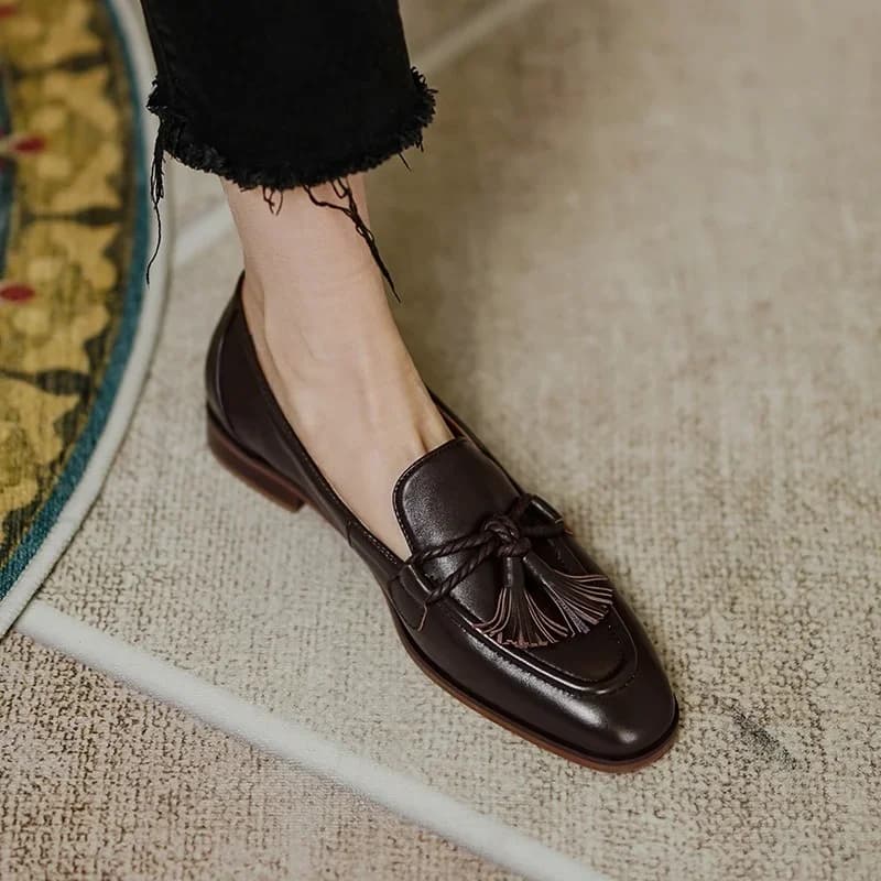 Retro British Style Square Head Women's Loafers Shoes 2022 Summer New Style Tassel Comfortable Single Shoes Women Brown Shoes