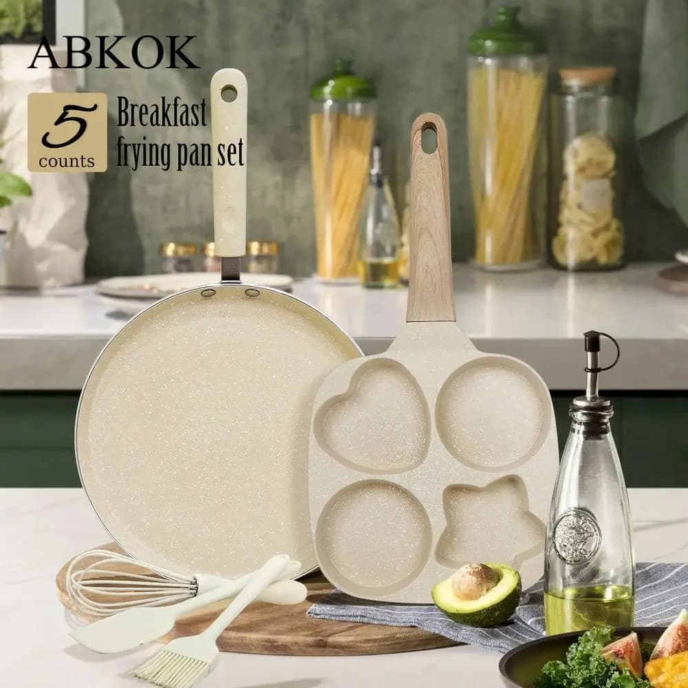 Set di 5 Padelle con Padella per Uova e Omelette da 7,5 Pollici, Padella per Bistecche e Pancake da 8,6 Pollici, Accessori da Cucina: Frusta, Spatola, Pennello, Utensili per Biscotti