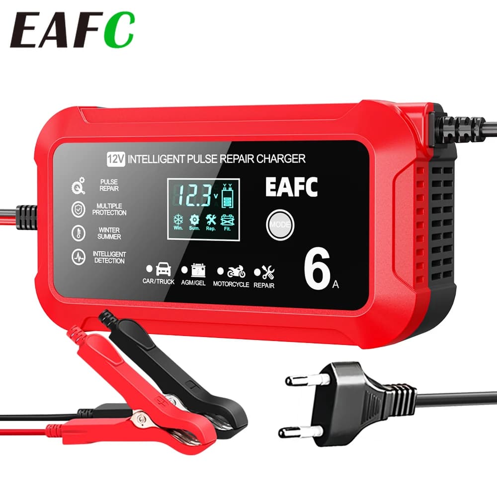 EAFC 12V 6A Grande Schermo Intelligente Caricabatteria Manutentore Pulse Riparazione Desulfatore per Auto Camion SUV Moto AGM GEL Batteria