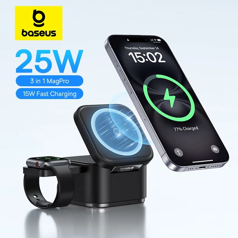 Baseus 3 in 1 Supporto per caricabatterie wireless magnetico da 25 W Stazione dock da tavolo per ricarica wireless veloce da 15 W per iPhone16 15 14 13 Airpod