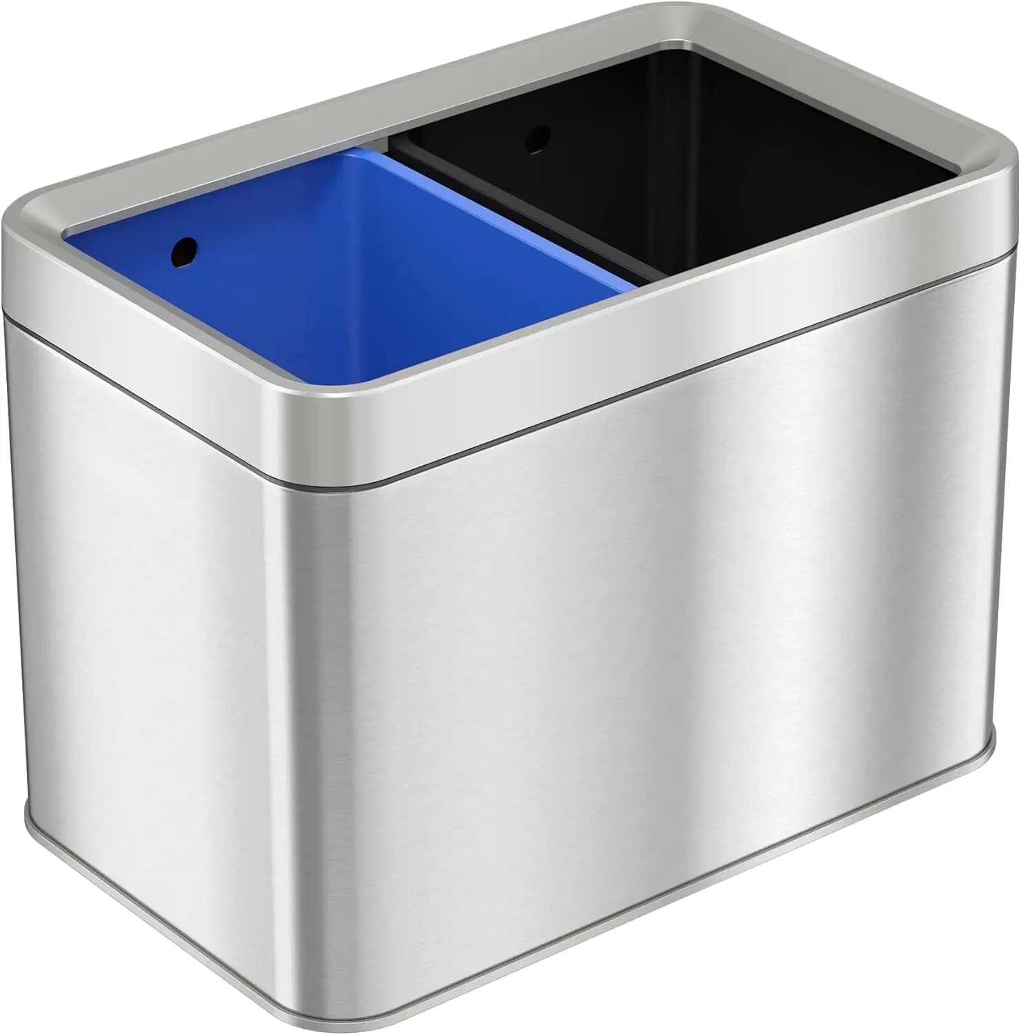 Slim Dual Compartment Open Top Trash Can and Recycle Bin 5.3 Gallon Rectangular Stainless Steel Wastebasket for Kitchen Home