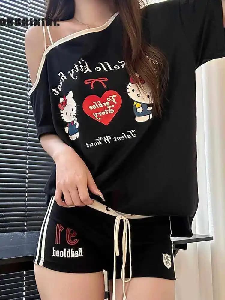Y2K Hello Kittys Print Off-Shoulder T-Shirt Summer Women's Short Sleeve Short Two-Piece Set Girls Loose Casual Homewear Fashion