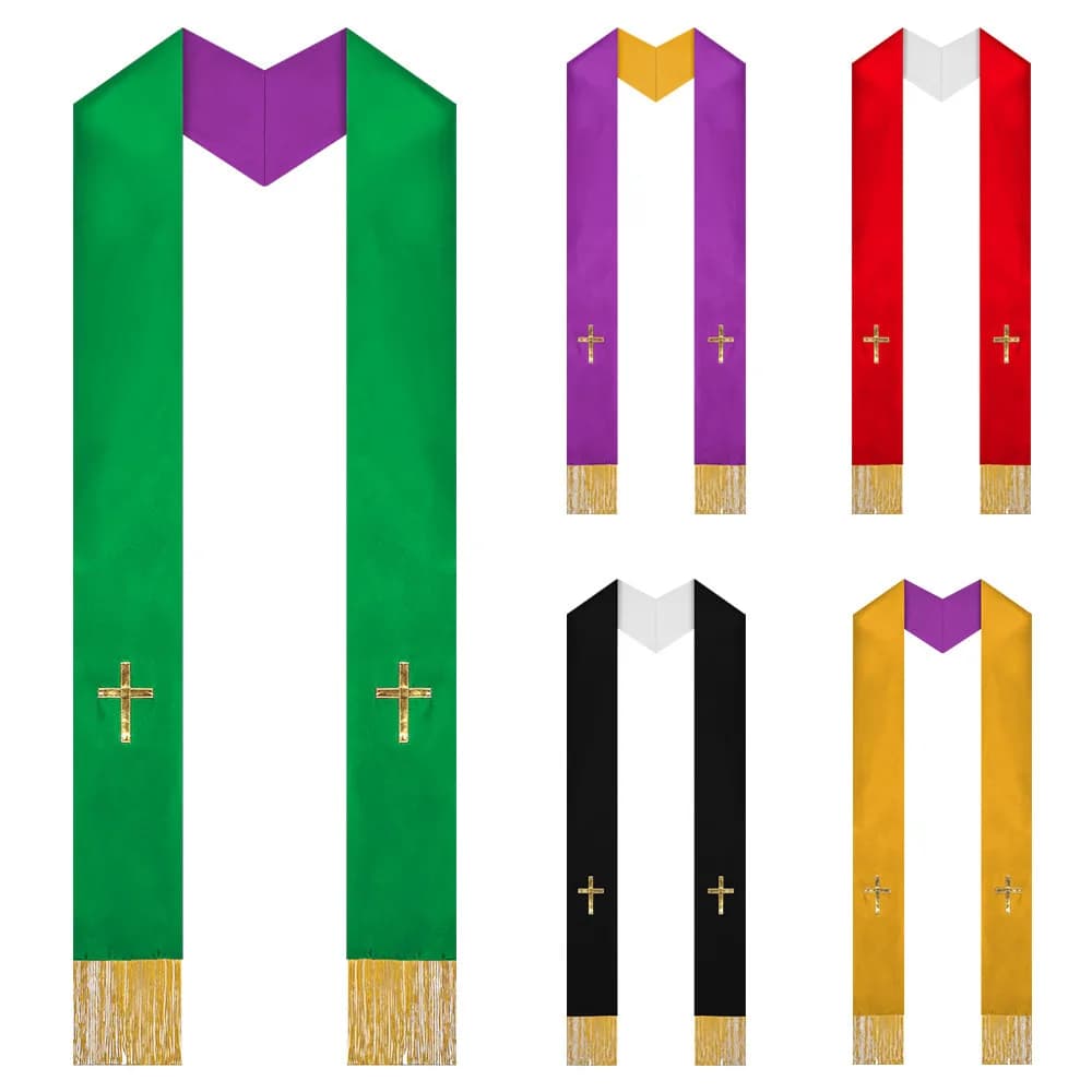 Catholic Priest Clothing Double Sided Embroidered Pastor Shawl Clergy Stole Church Overlay Cross Gold Tassels Scarf Ribbon