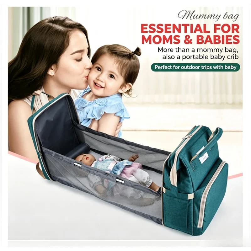 Large Capacity Mommy Diaper Backpack with Changing Mat, Foldable Baby Bed Design Nursing Bag for Milk Bottle Storage