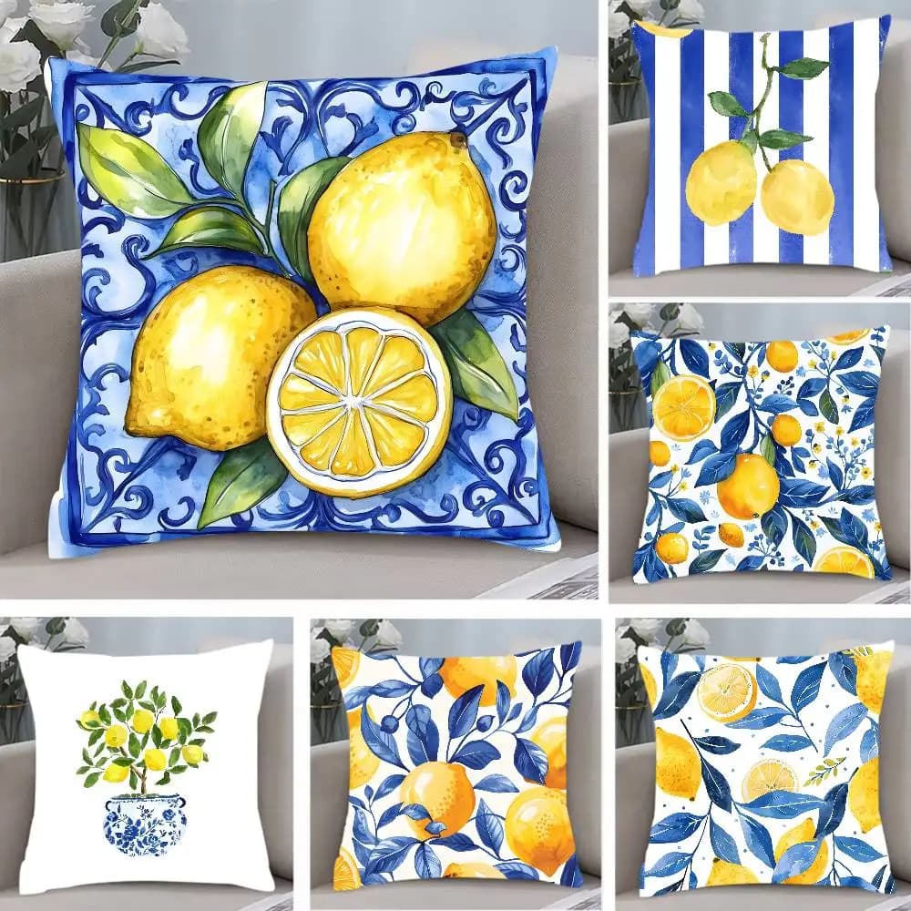 Federa per cuscino al limone acquerello dai toni blu Federa antipolvere con cerniera invisibile Fodera per cuscino per divano in peluche corto setoso