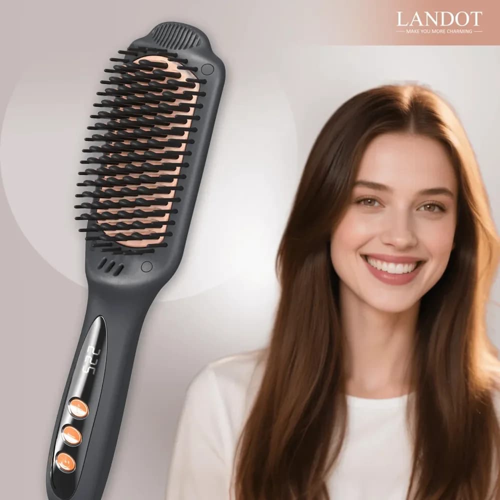 Spazzola lisciante riscaldata LANDOT con ioni negativi e ceramica, spazzola stirante a caldo per capelli lisci e senza effetto crespo