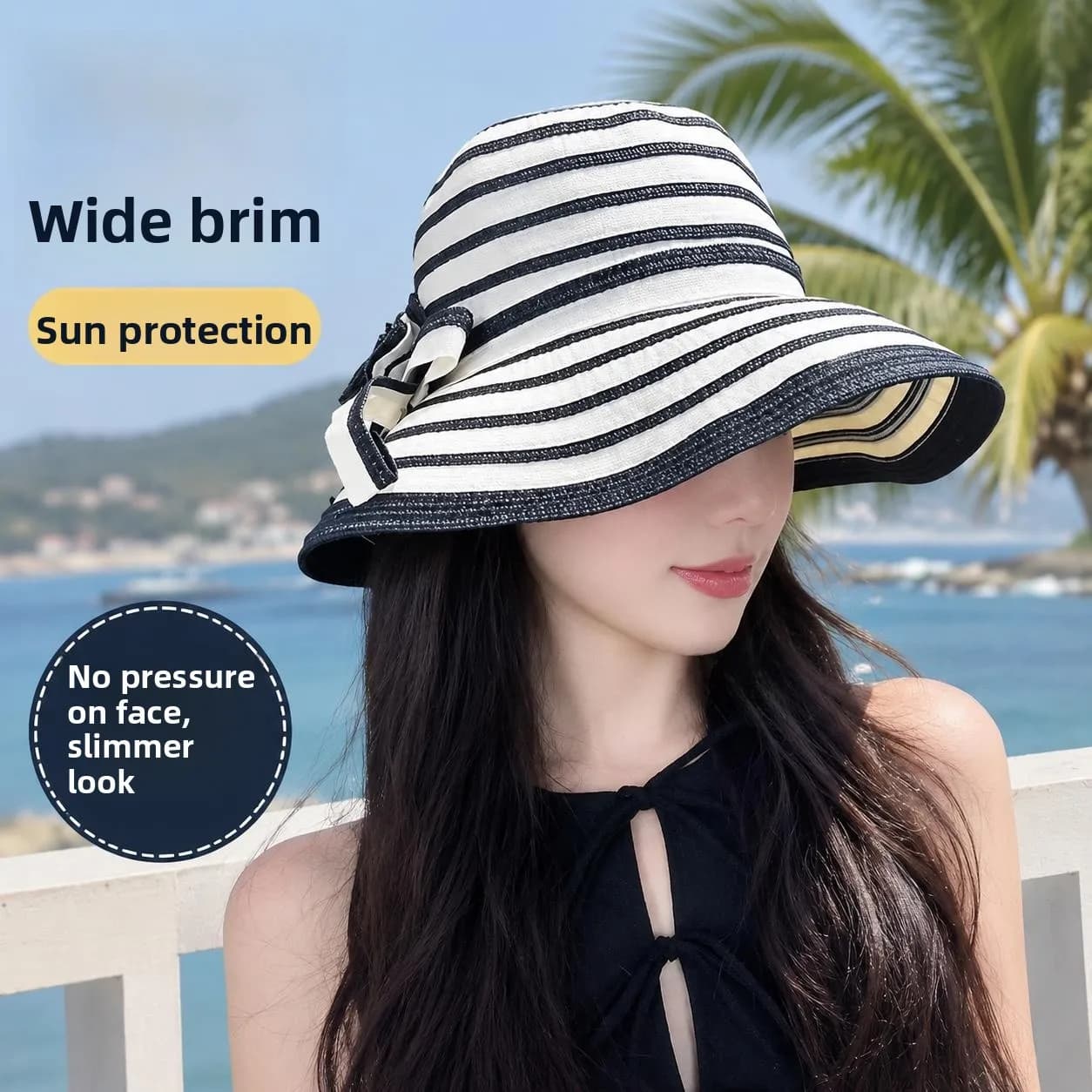Summer Fashion Striped Women's Hat Outdoor Travel Sunscreen Beach Cap Wide Brim Elegant Lady's Hat Korean Style Sunguard