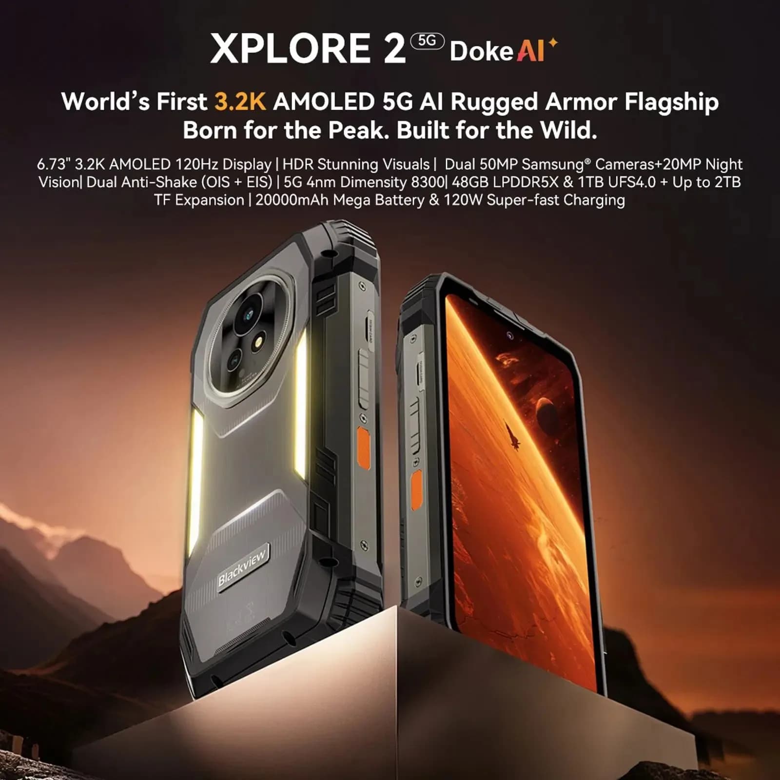 Blackview 6.73" AMOLED Robusto 5G Smartphone XPLORE 2 telefono 20000mAh Batteria 120W Carica rapida 16GB + 1TB 50MP Fotocamera NFC