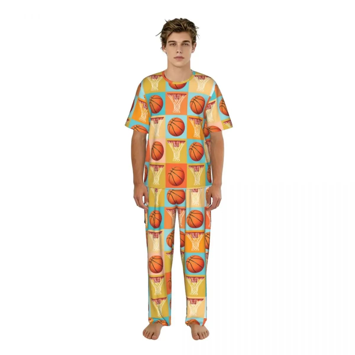 Pigiama da uomo a maniche corte, due pezzi con pantaloni, motivo basket, completo da casa, abbigliamento da notte