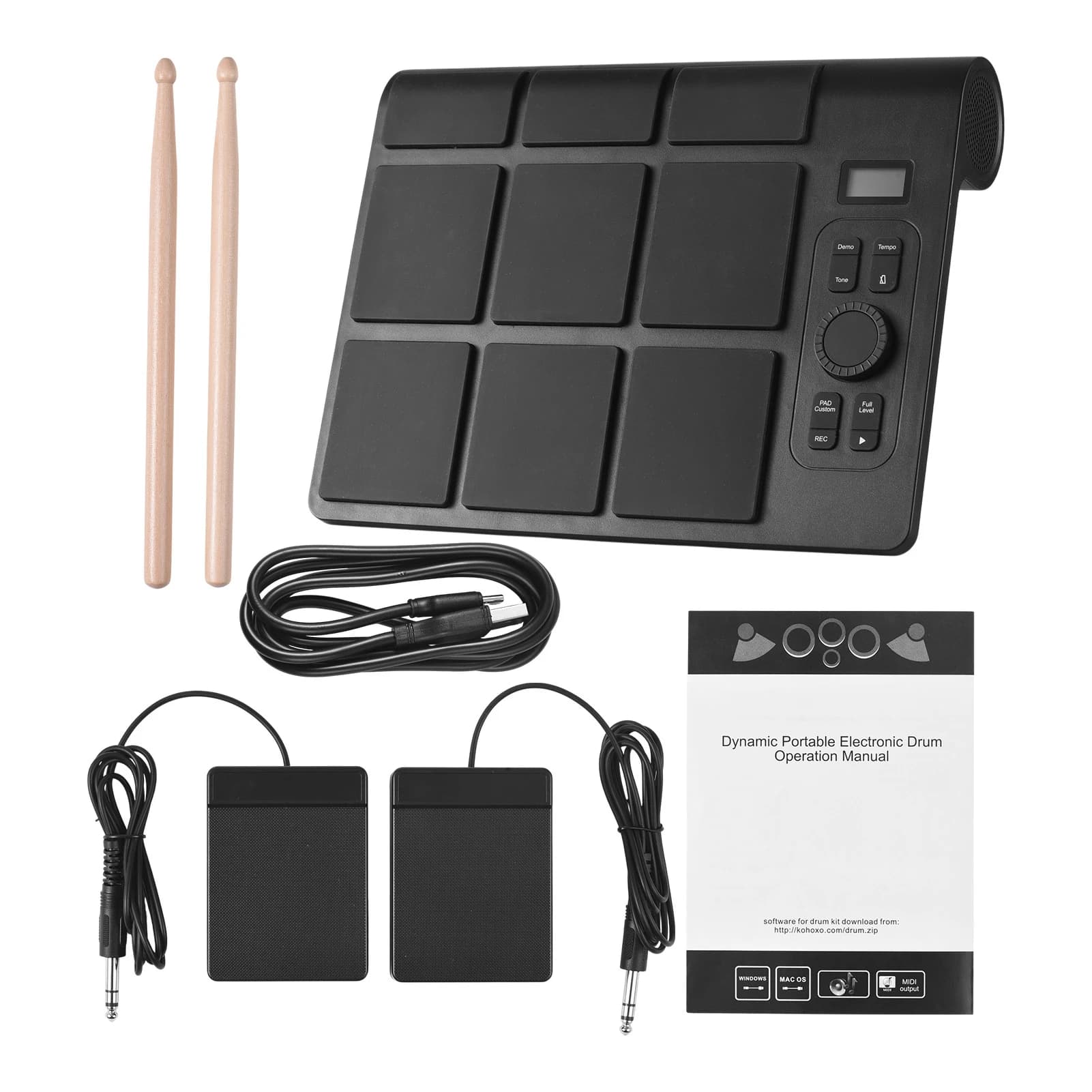 Set di Batteria Elettronica da Tavolo con 2 Altoparlanti, 9 Pad, Illuminazione Colorata, Supporto BT MIDI, Varie Connessioni Audio, Display LCD