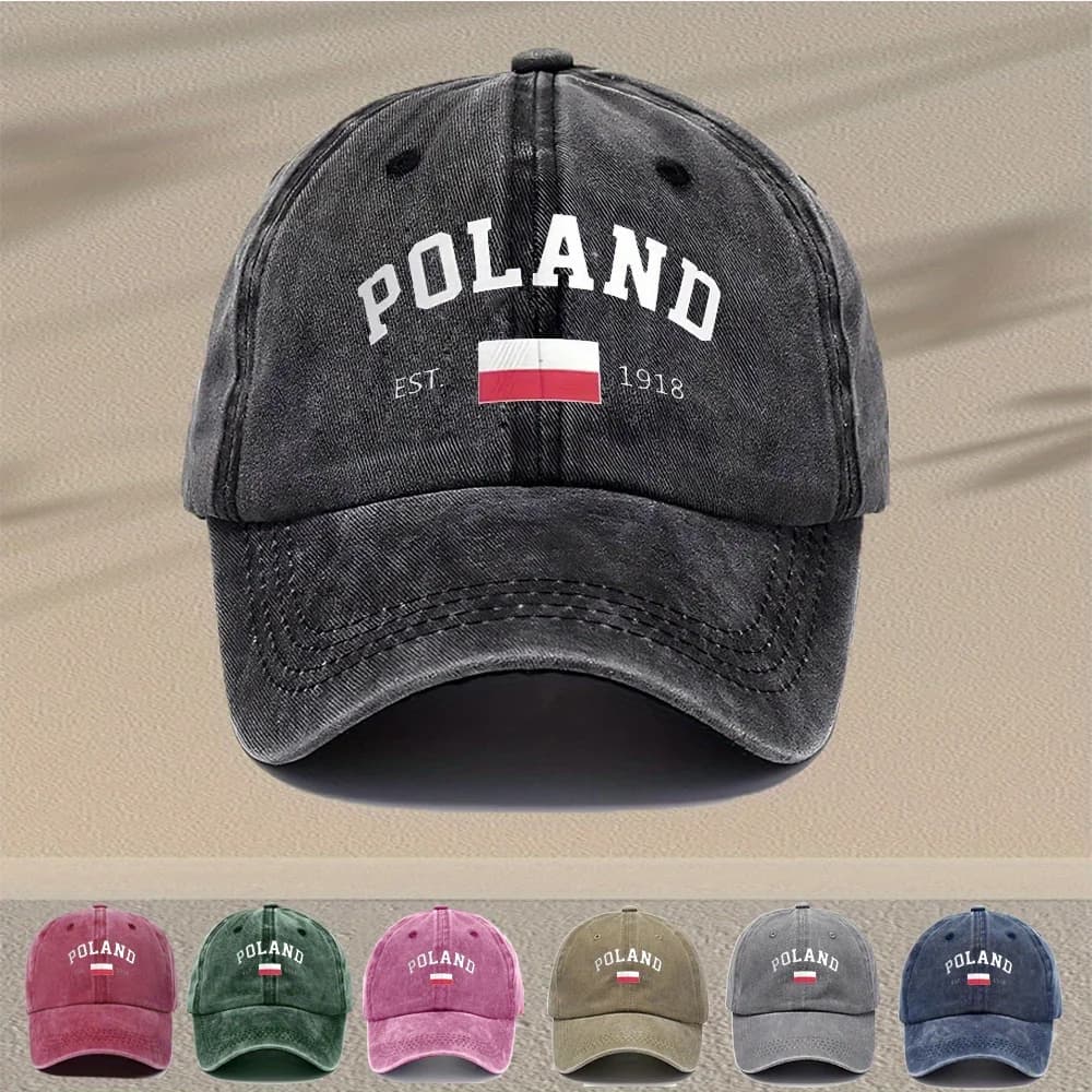 Unisex Vintage Washed Baseball Cap - Adjustable Breathable Trucker Hat with Distressed "Poland" Lettering, Lightweight Casual Da