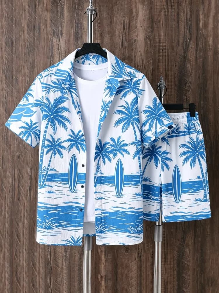 Men's Short Sleeve Shirt & Shorts Set, Loose Comfort Blue Palm Tree Hawaiian Print Casual Summer Outfit