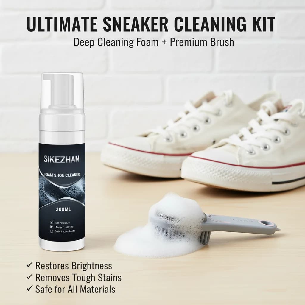 Set per la cura delle scarpe: detergente in schiuma + spazzola a doppia faccia, pulizia profonda, senza aloni, sicuro su PU/pelle/tela/gomma, pulizia rapida