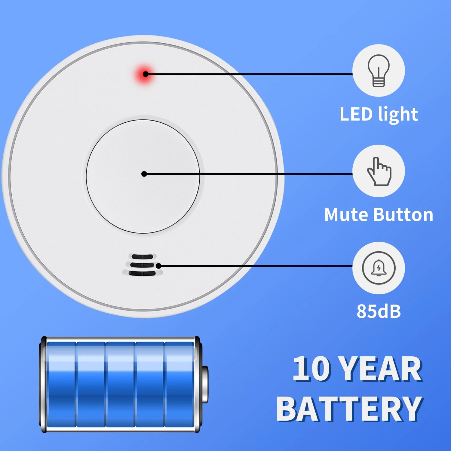Rilevatore di fumo con batteria da 10 anni, rilevatore di fumo autonomo, conforme a EN14604, VS01
