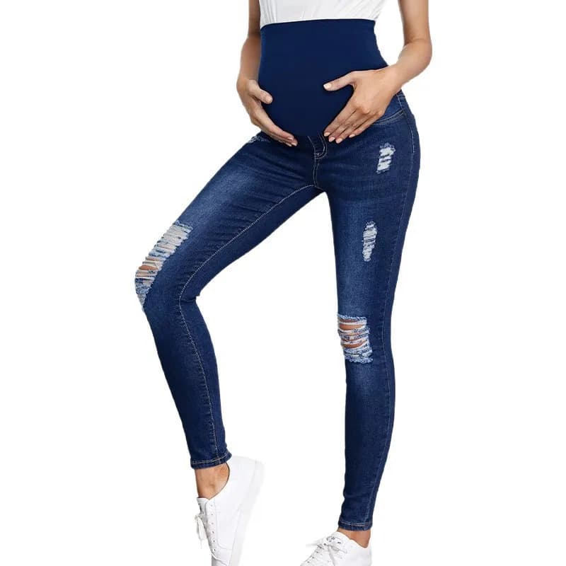 Jeans premaman a vita alta con supporto per la pancia Design strappato Pantaloni slim skinny elasticizzati in denim per giovani donne incinte Pantaloni casual