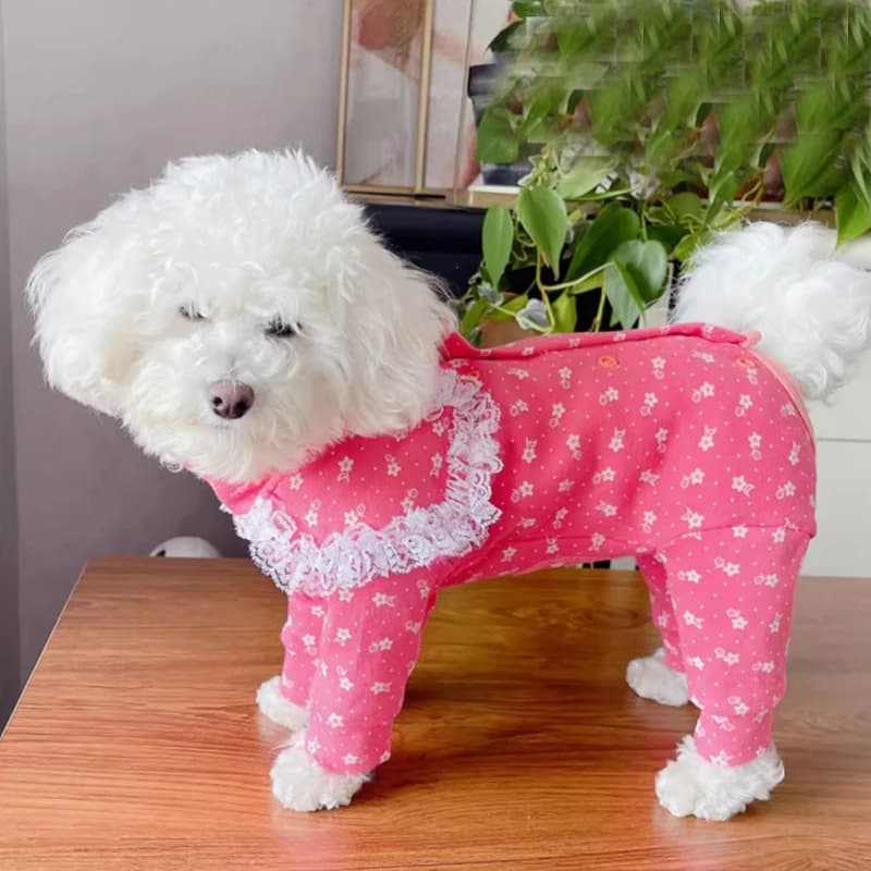 Moda stampa rosa vestiti per cani da compagnia primavera autunno cotone sottile quattro piedi tute per cani di piccola taglia e media barboteccetti per cuccioli barboncino