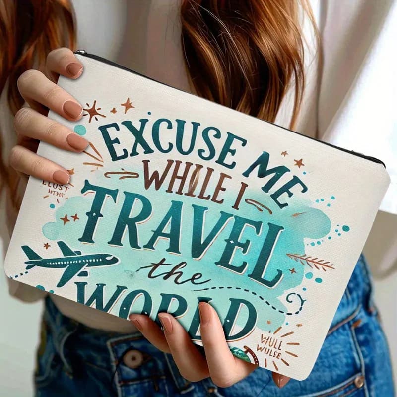 Borsa per cosmetici a tema viaggio con stampa di valigie aereo, chiusura con cerniera, custodia compatte e portatile per il trucco da donna, borse da viaggio