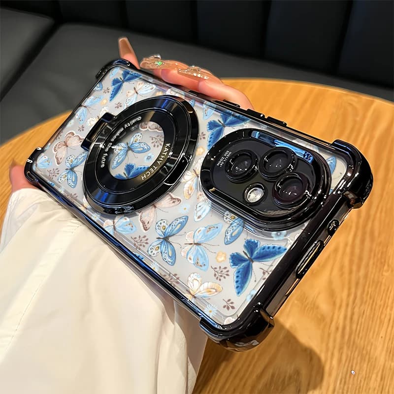 Custodia per telefono antiurto con placcatura per Huawei P40 Pro P30 Lite Nova 9 4E, con supporto a forma di farfalla e motivo floreale, cover trasparente