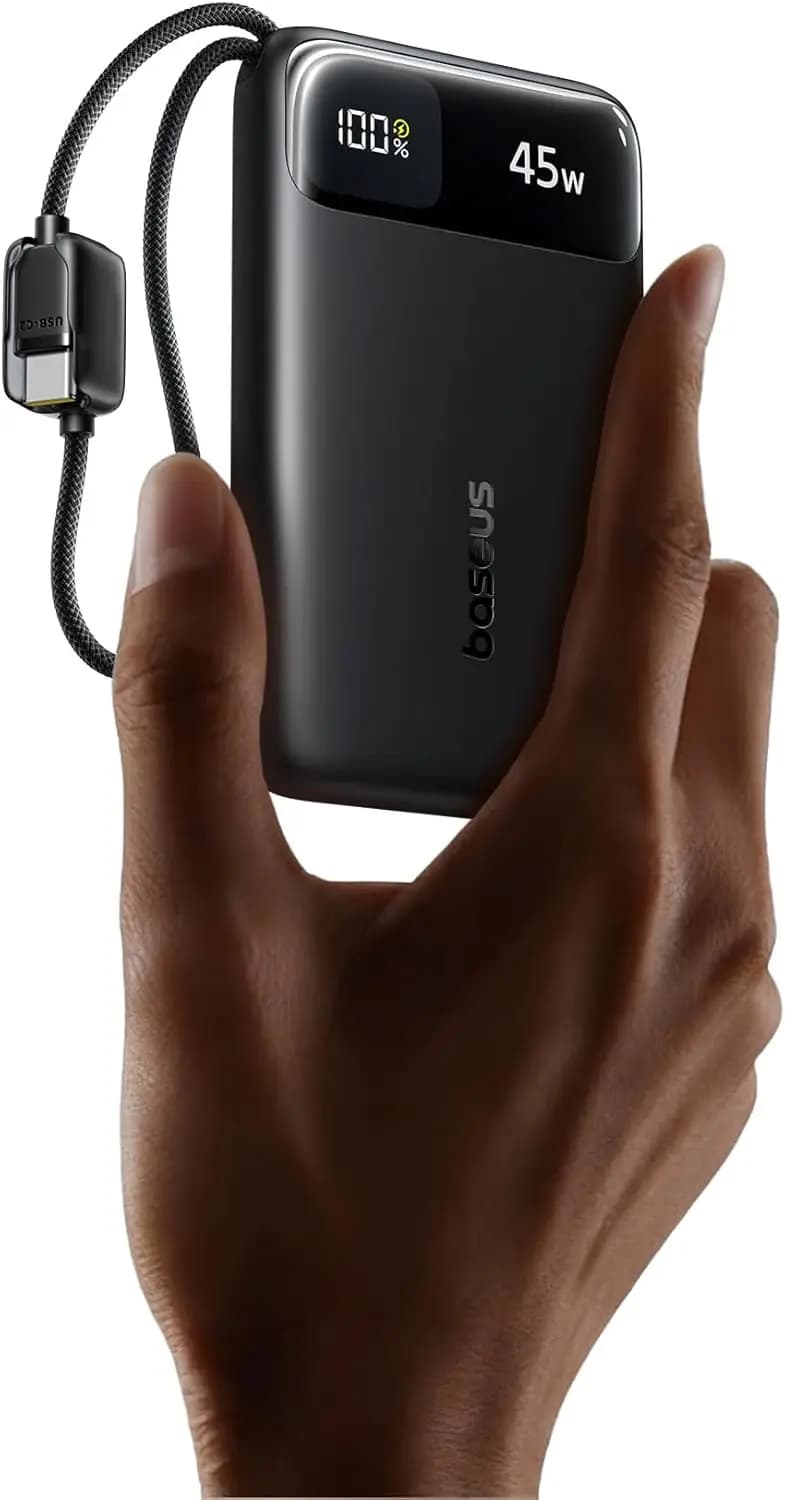 Power Bank Ultra Sottile da 45W 10000mAh con Cavi USB-C Integrati, Caricabatterie Portatile a Ricarica Rapida per Telefoni e Tablet