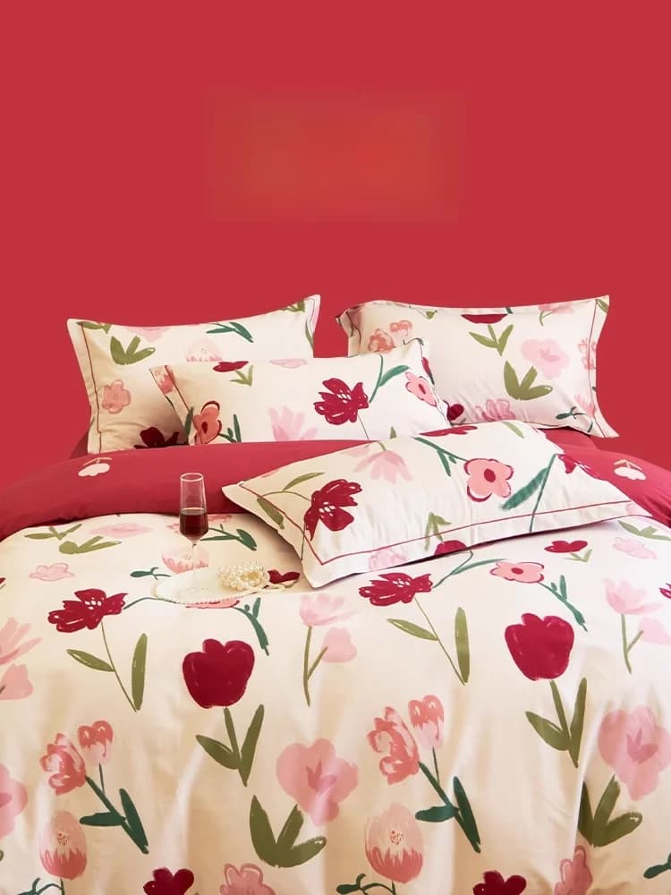 Bed Linen Set in Red Cotton Flannel Four Pieces Style Girl Cover Sandwich ZOEO New Collection Hot for All Seasons
