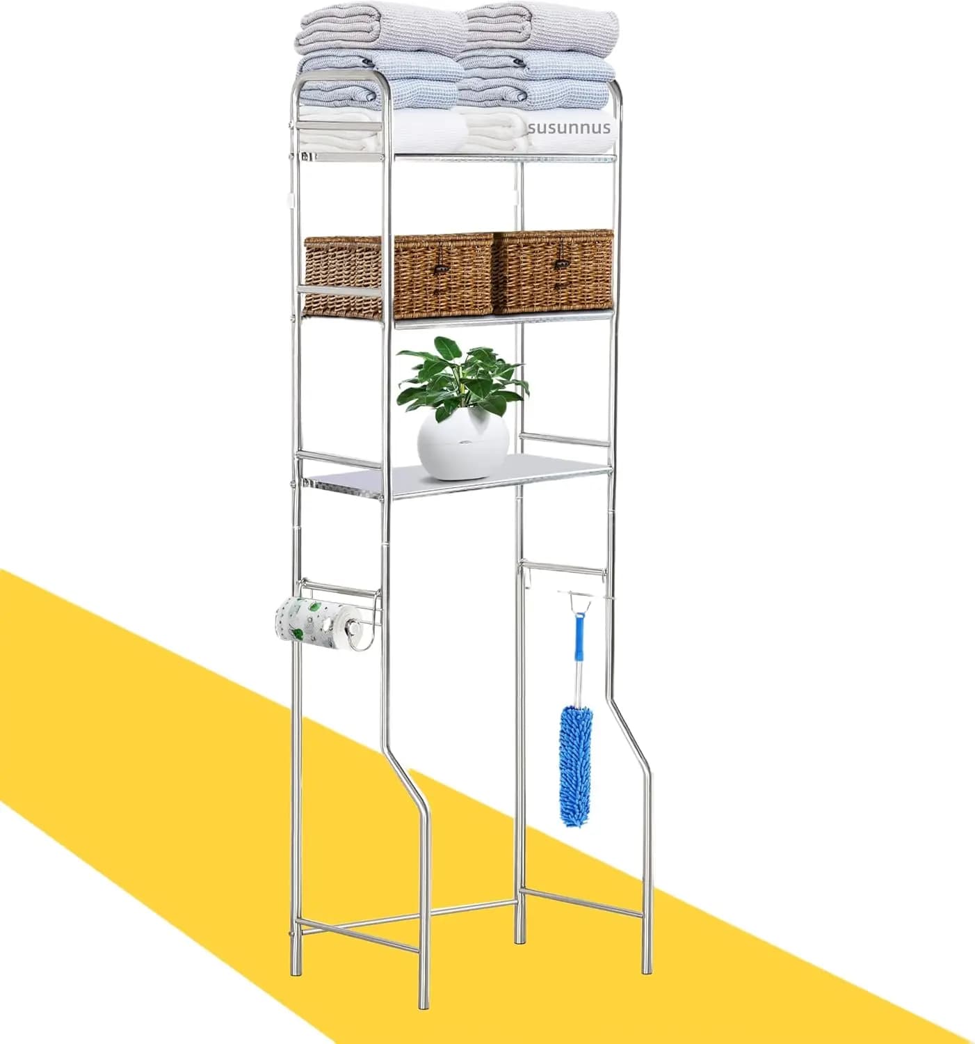 Scaffale Salvaspazio a 3 Livelli per Bagno, da Posizionare Sopra il WC, Autoportante con Portarotolo, in Acciaio Inossidabile