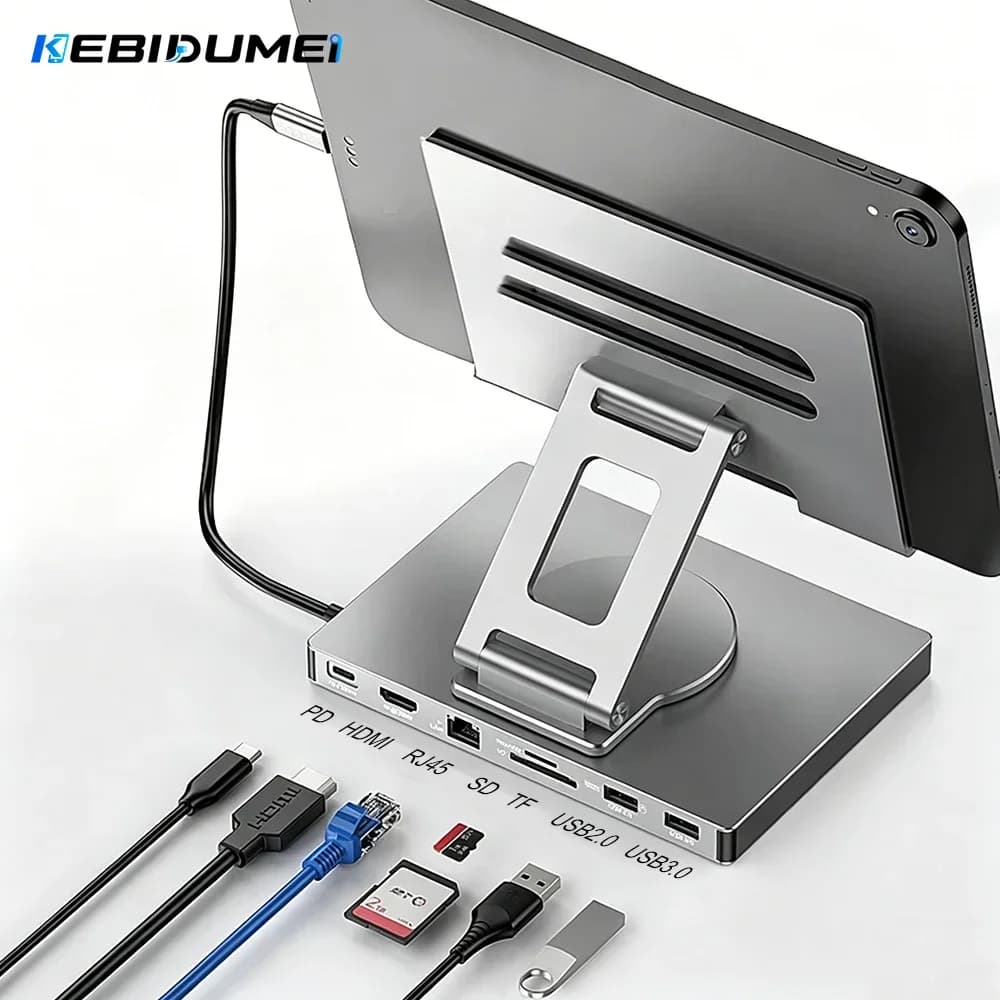 KEBIDUMEI Rotable Tablet Bracket Docking Station 7 Ports USB C HUB USB 3.0 HUB Type C to HDMI 4K30Hz RJ45 100Mbps PD100W SD TF