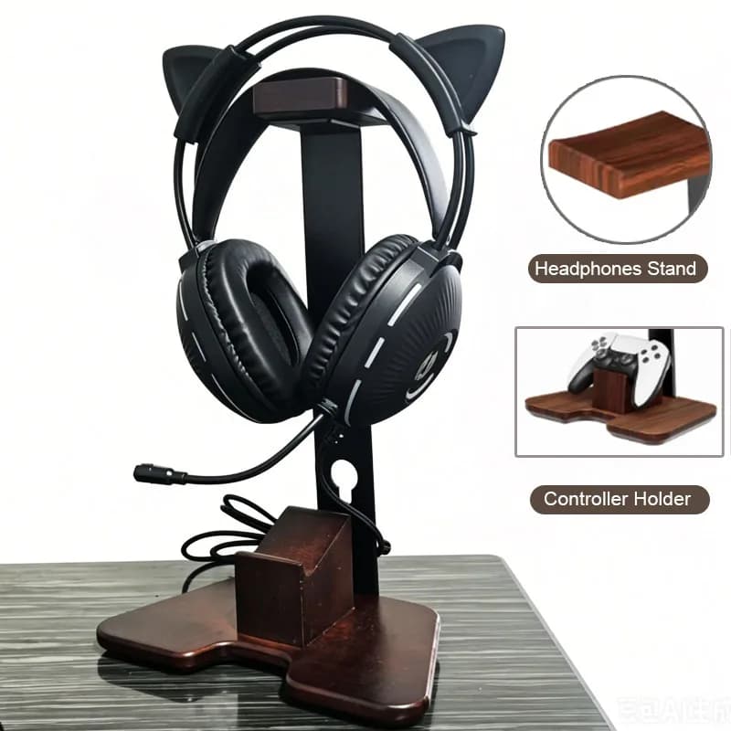 Universal Headphones Stand Controller Holder Walnut Wood+Aluminum Alloy Headset Earphones Gamer Handle Hanger Desktop Bracket