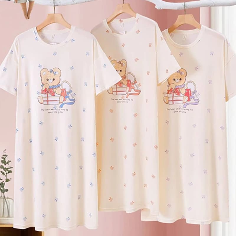 Pigiama in tessuto di cotone Abito da donna Comoda camicia da notte Gonna lunga ampia e carina Cartone animato Sottile Studente Dolce Orso da cartone animato Indumenti da notte