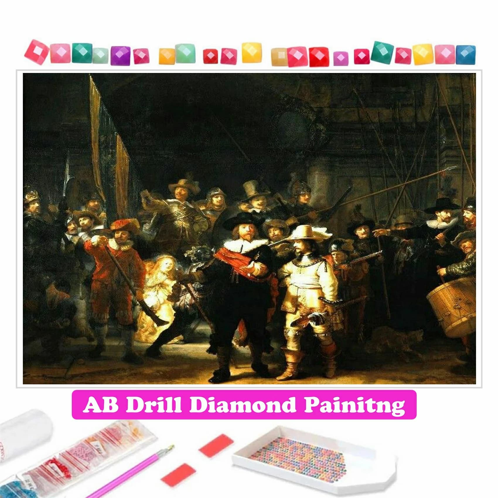 Nachtwacht Famous Painting 5D AB Trapani Painting Diamond Embroidery Night Watch Pictures of Strass Point Cross Home Decorations