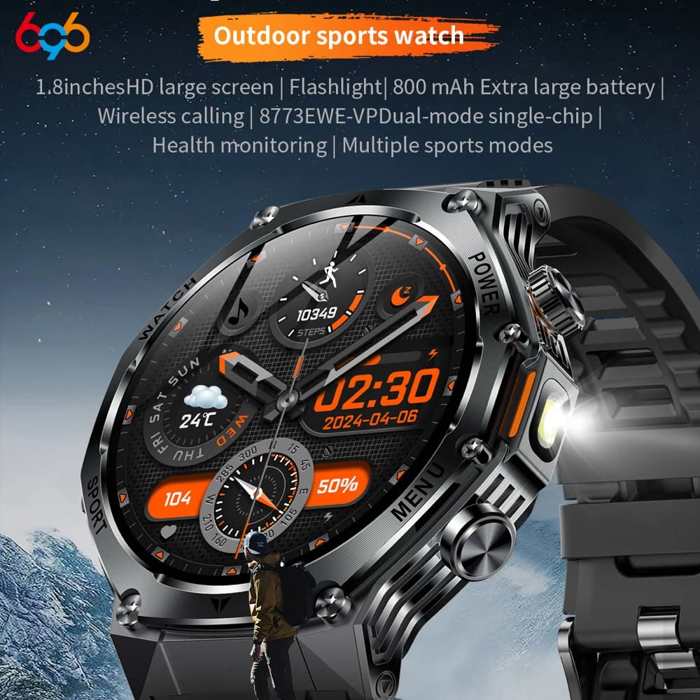 Fashion Outdoor Sports Watches Flashlight Waterproof Heart Rate Health Blue Tooth Call Smartwatch Voice Assistant Smart Watch
