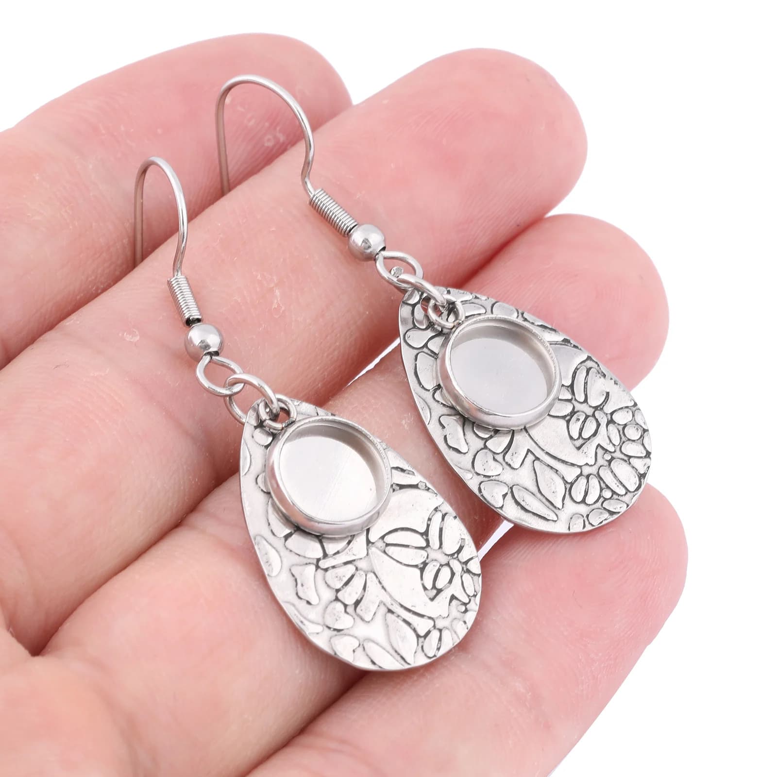 10pcs Stainless Steel Teardrop Charm Earring Base Blanks Fit 8mm Cabochon Bezel Setting Trays Diy Ear Hooks Findings