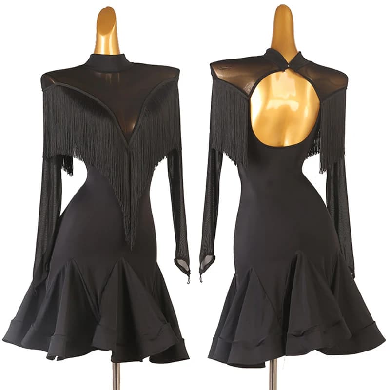 Abito da ballo latino nero con frange da donna, completo professionale da ballo a maniche lunghe, vestito da competizione per ChaCha Rumba, abiti da palcoscenico 5065