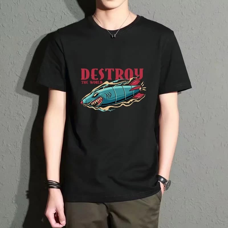 Men's Black Round-Neck Short-Sleeved T-Shirt, Fun Shark Rocket Print Top, Street Fashion Casual Style, Versatile, Comfortable and Breathable for Everyday Wear