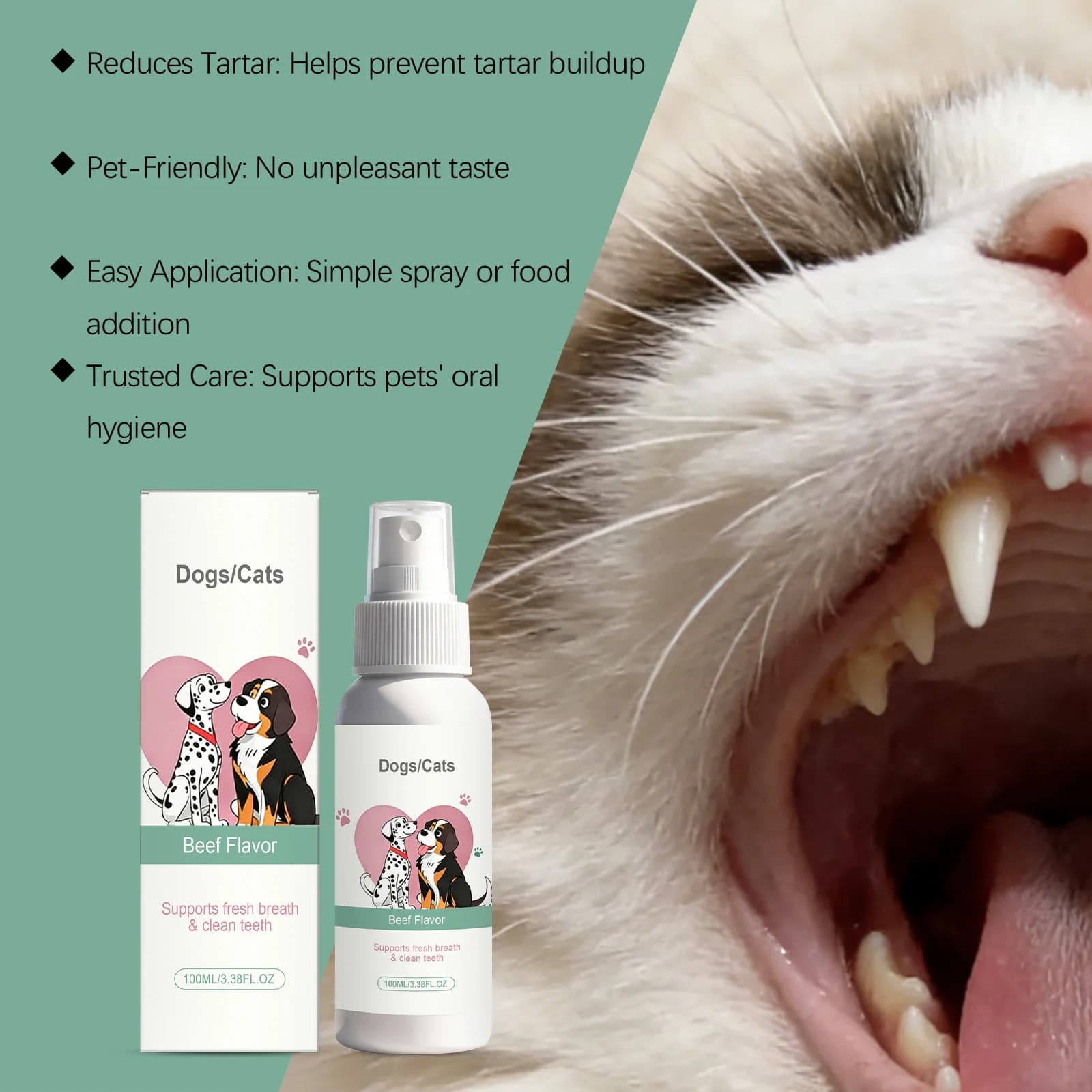 Spray Orale per Animali Domestici Senza Risciacquo, Pulitore Denti per Cani e Gatti, Rimuove Placca e Tartaro, Elimina l'Alito Cattivo, Spray per Igiene Dentale 100ml