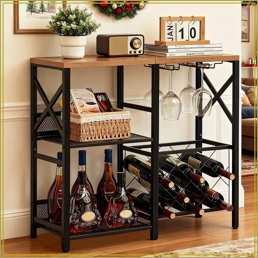 Rustic Freestanding Wine Rack with Glass Holder and Fence, Bar Cabinet with 2 Tier Storage, Liquor Shelf for Home Bar