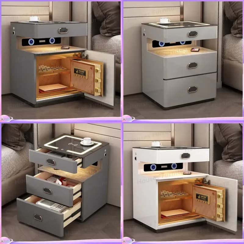 Smart Bedside Table with Wireless Charging Bluetooth Speaker Fingerprint Lock Password Nightstand Modern Luxury Bedroom