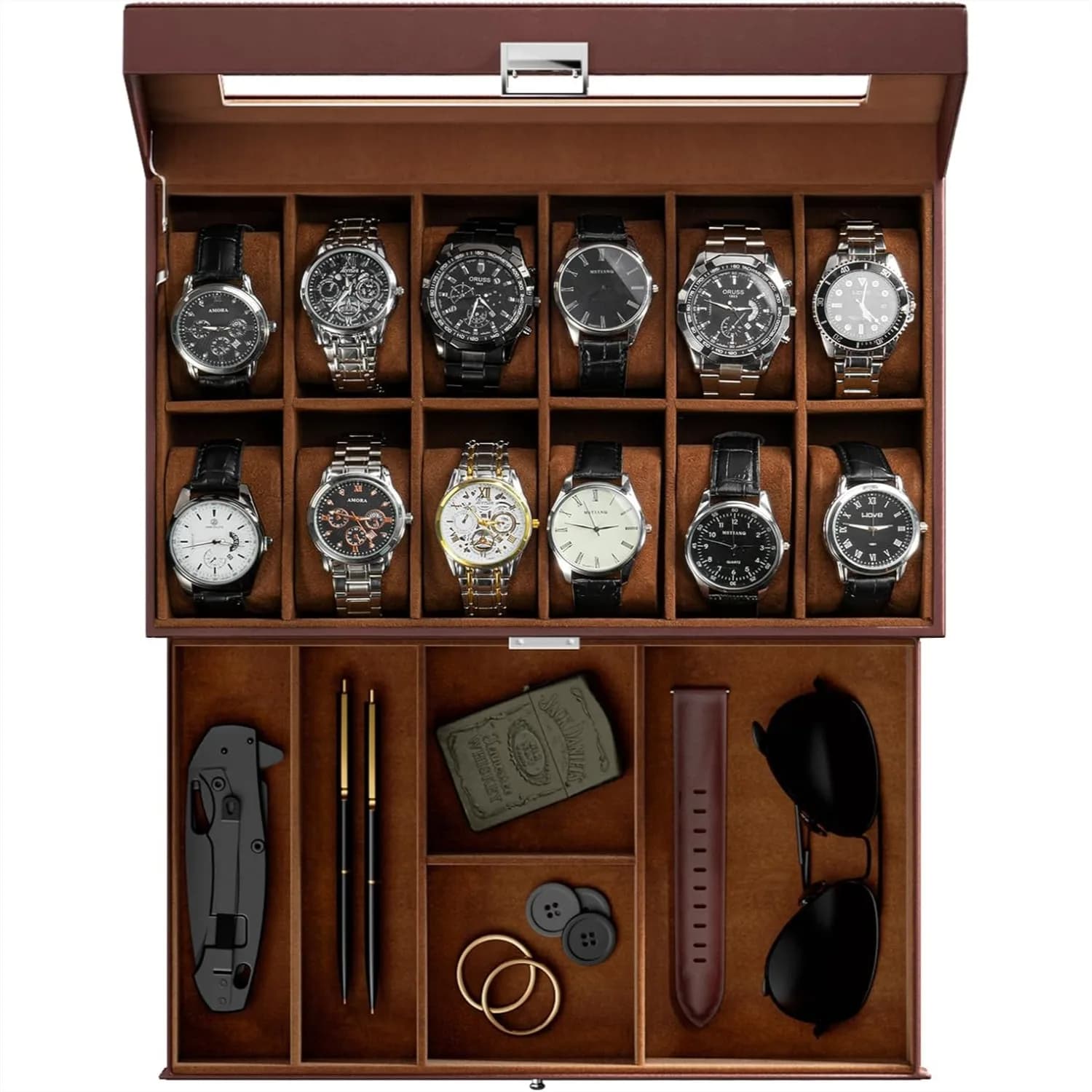 Watch Box with 12 Slots and Drawer, 2-Layer Display Case with Glass Lid for Men, Watch Storage Organizer for Father's Day Gift