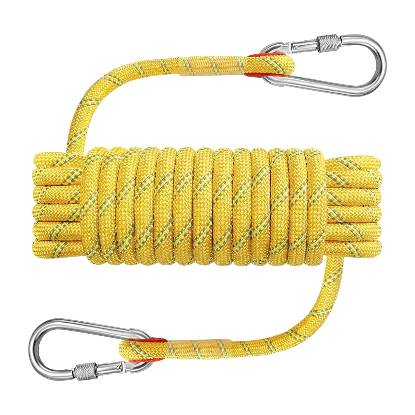 Climbing Rope, Braided Rope, Half Rope, Reflective Yellow 1/2"x32ft Polyester PP Marine Line with Hooks, 2400kg Breaking Strength, Waterproof UV Resistant, for Canyon Exploration Fishing Rafting Camping Rescue Anchor Outdoor Survival Kit