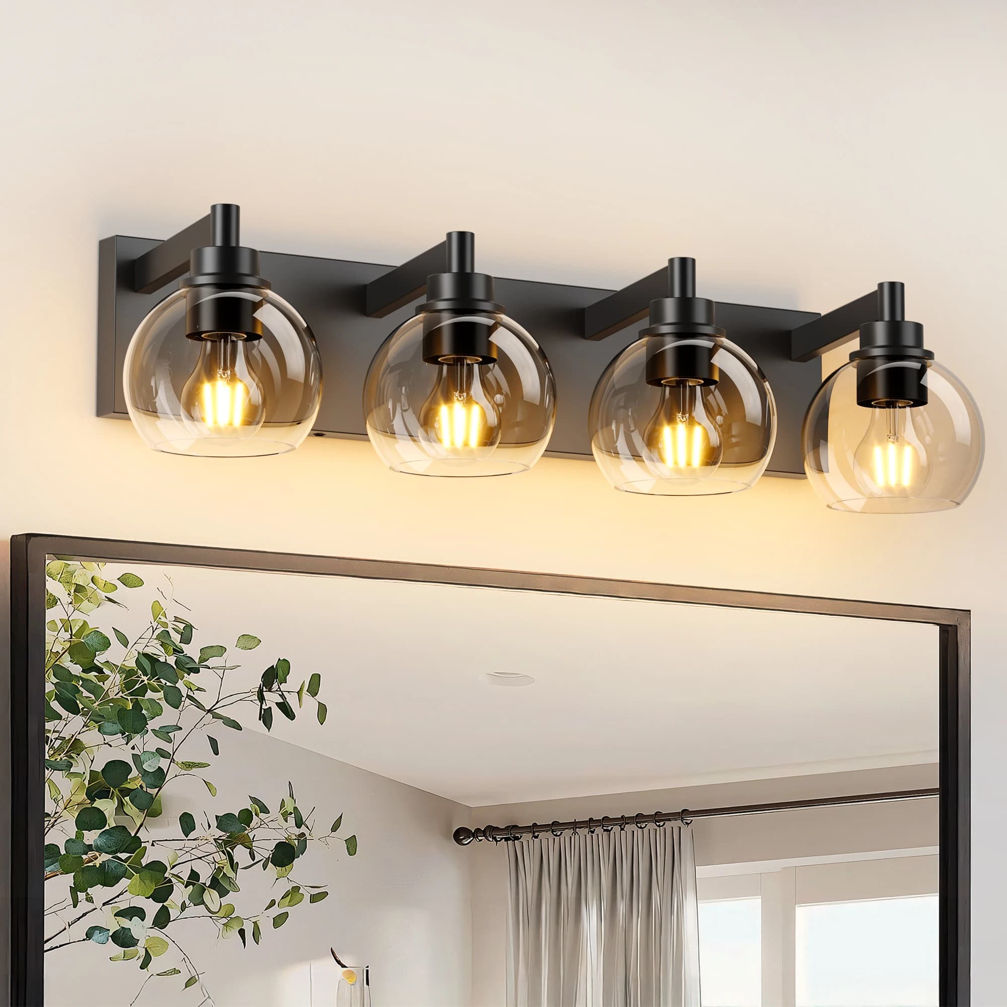 Lampada da Parete Industriale a 4 Luci da 27 Pollici, Nero Opaco, con Paralume in Vetro Trasparente, Attacco E26, per Specchio da Bagno, 110V, Senza Lampadine